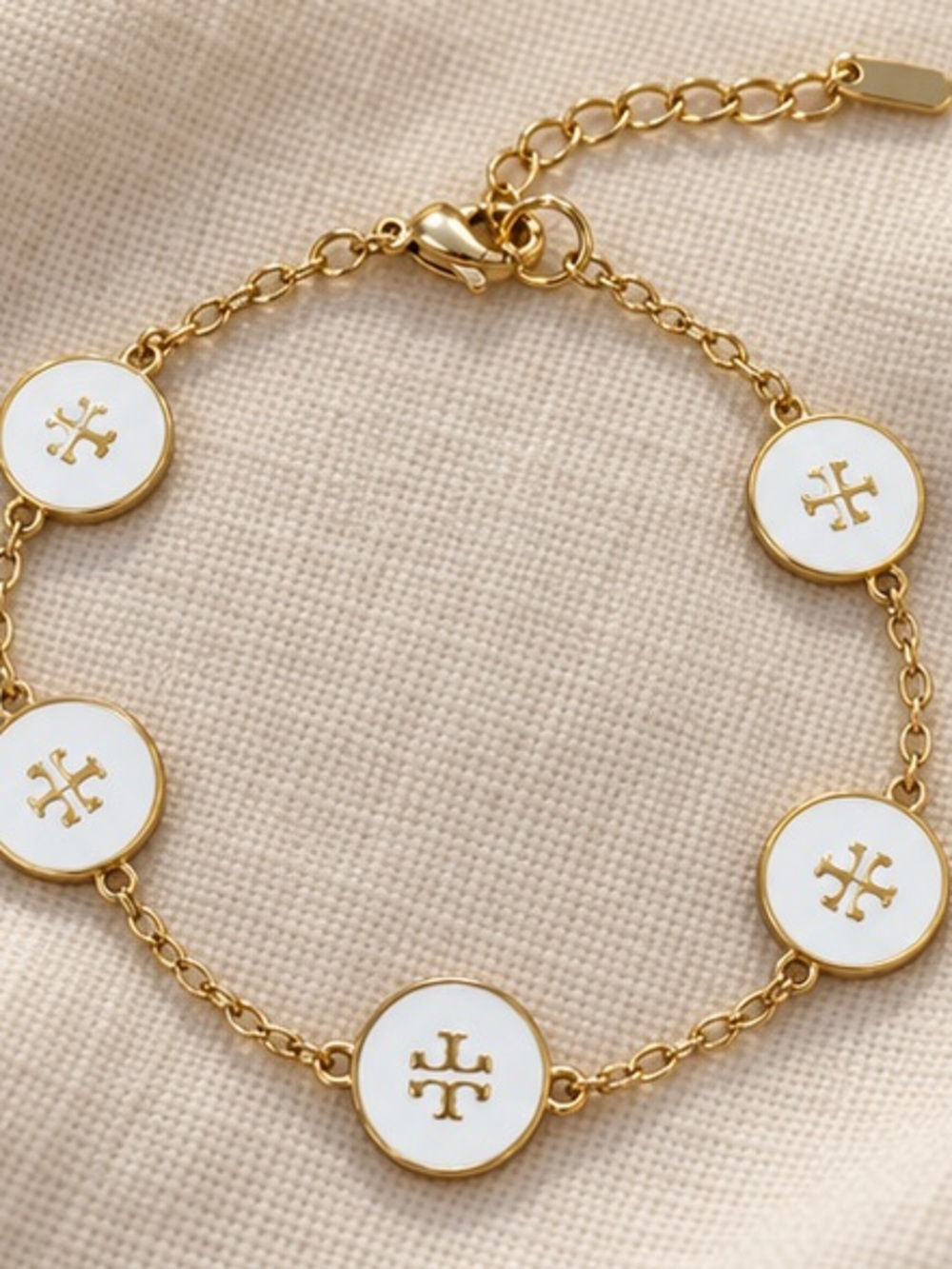 Designer Inspired White Enamel Disc Station Bracelet with Gold Tone Details